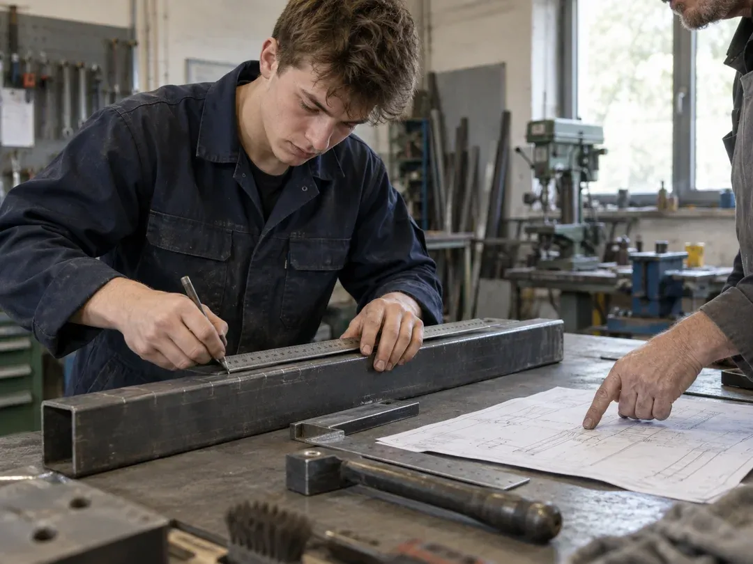 Auszubildender arbeitet mit einem erfahrenen Kollegen in der Werkstatt