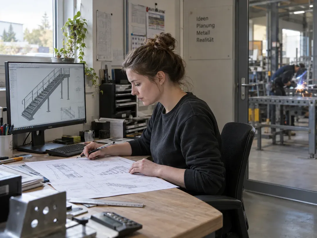 Technische Systemplanerin prüft eine Treppenzeichnung