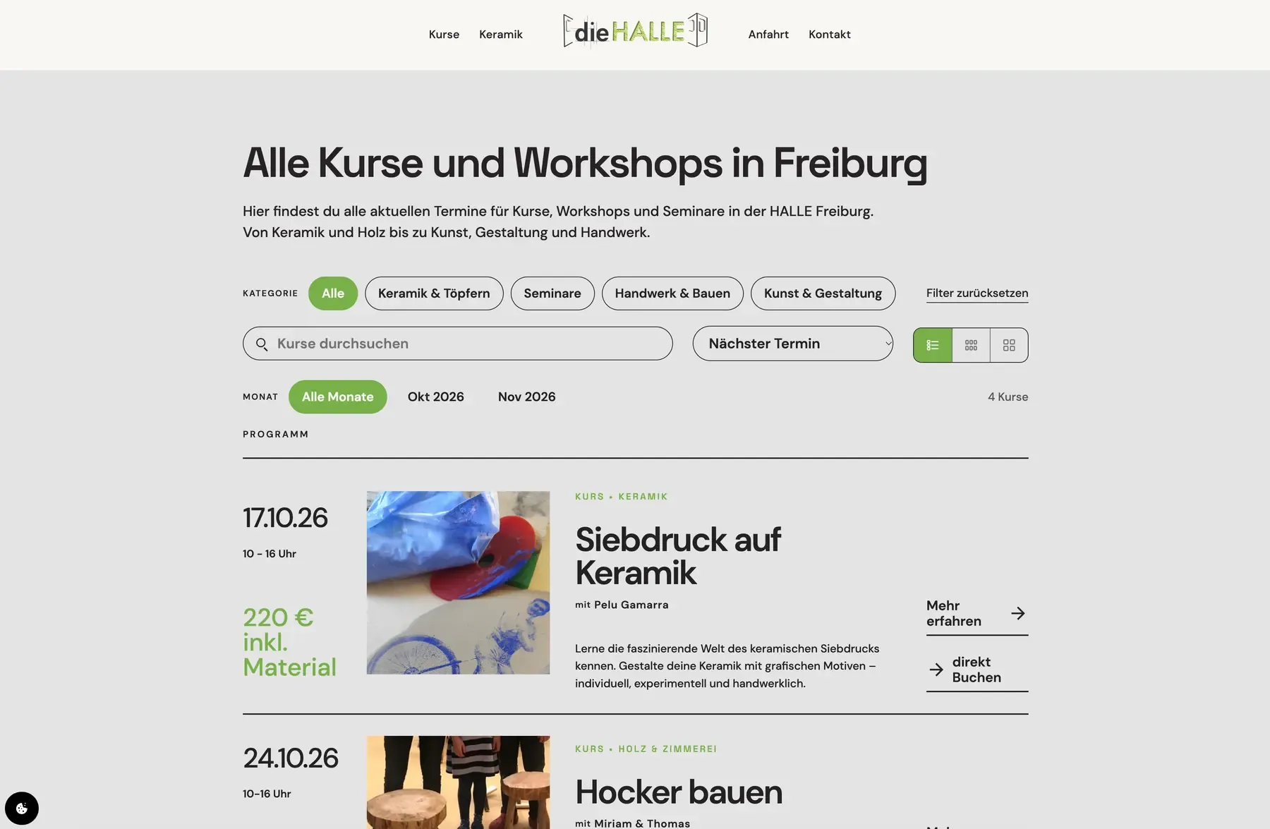 Kursübersicht der HALLE mit Filtern, Terminen und direkter Buchungsmöglichkeit