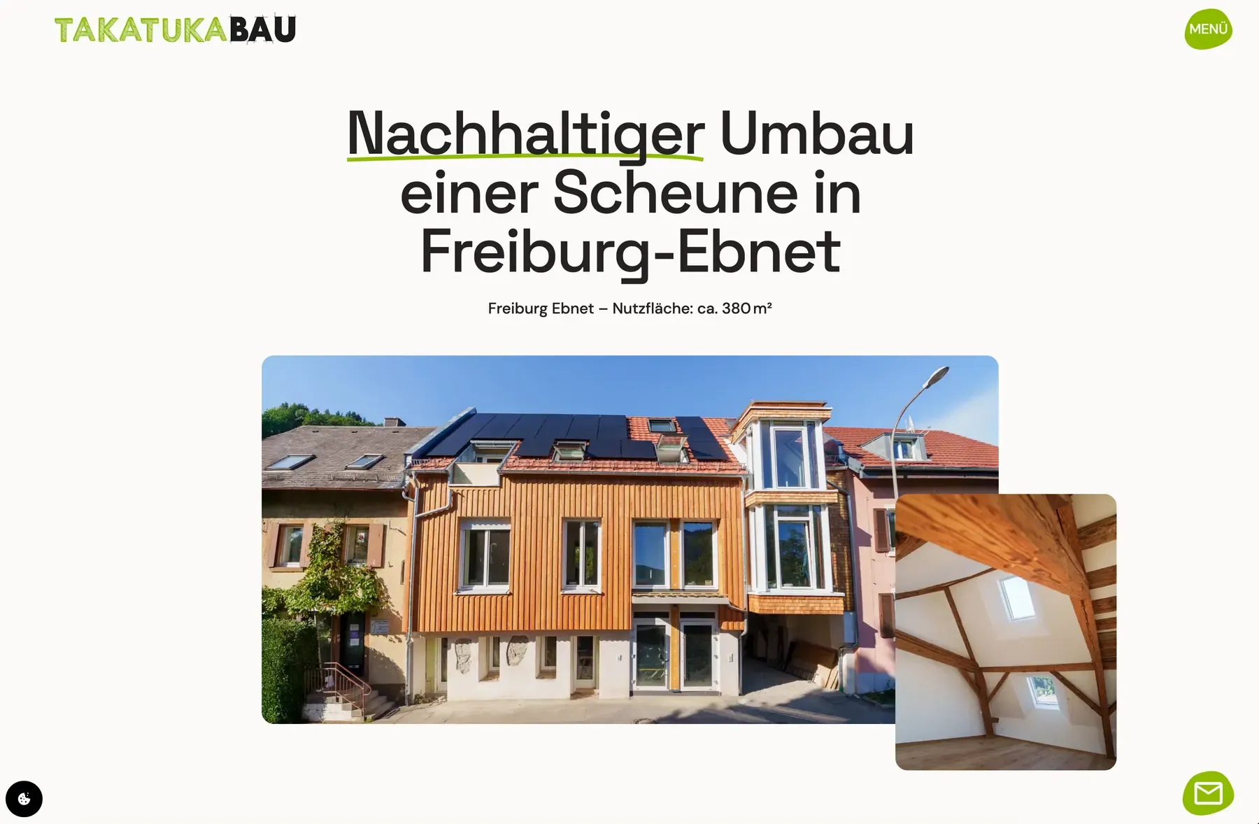 Projektseite der neuen Takatukabau-Website mit großem Foto eines sanierten Gebäudes
