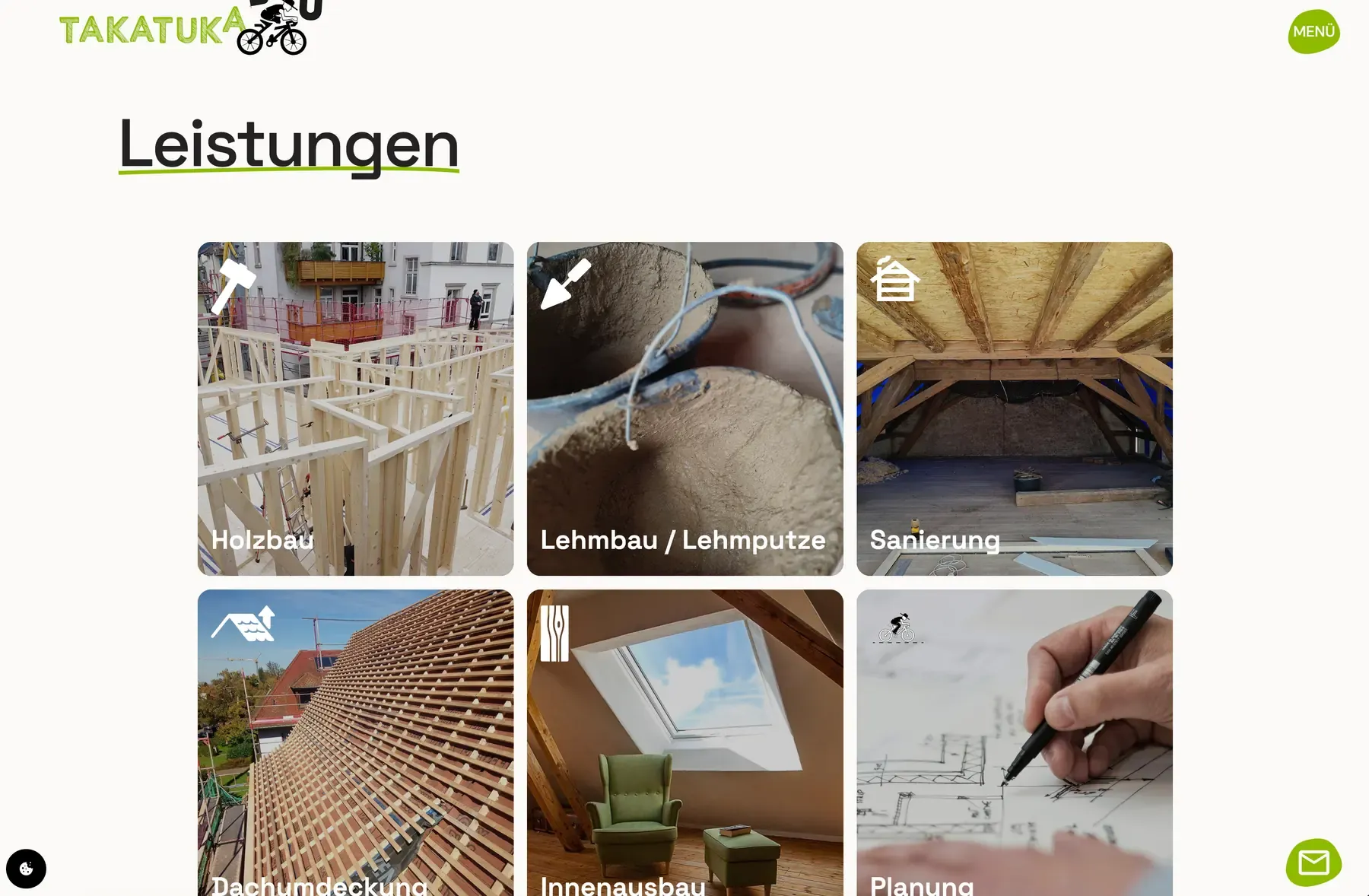 Leistungsübersicht für Holzbau, Lehmbau und Sanierung auf der Takatukabau-Website