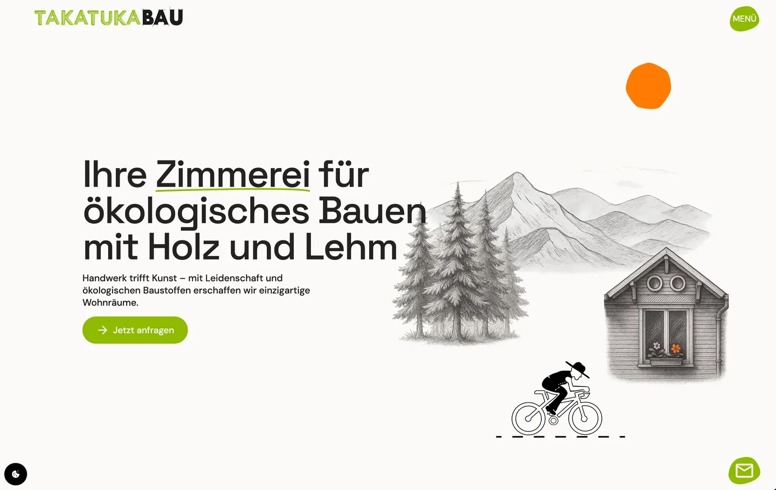 Startseite der neuen Takatukabau-Website mit Zimmerei-Headline und handgezeichneten Holzbau-Illustrationen